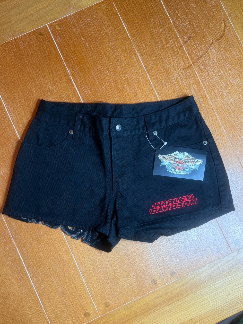 Vintage Harley‑Davidson Black Women's Denim Shorts with Red Logo Size 2